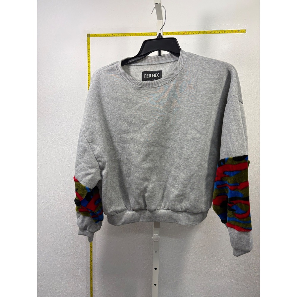 Red Fox Heather Gray Crewneck Sweatshirt XL Camo Faux Fur Sleeve Pullover